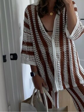 Knit Striped Beach Cover-Up - button up shirt and pants